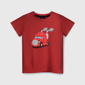 Детская футболка хлопок с принтом Красный  мультяшный тягач в Петрозаводске, 100% хлопок | круглый вырез горловины, полуприлегающий силуэт, длина до линии бедер | 