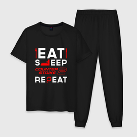 Мужская пижама хлопок с принтом Надпись eat sleep Counter Strike 2 repeat в Тюмени, 100% хлопок | брюки и футболка прямого кроя, без карманов, на брюках мягкая резинка на поясе и по низу штанин
 | 