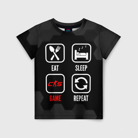 Детская футболка 3D с принтом Eat, sleep, Counter Strike 2, repeat в Белгороде, 100% гипоаллергенный полиэфир | прямой крой, круглый вырез горловины, длина до линии бедер, чуть спущенное плечо, ткань немного тянется | 