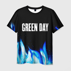 Мужская футболка 3D с принтом Green Day blue fire в Екатеринбурге, 100% полиэфир | прямой крой, круглый вырез горловины, длина до линии бедер | 