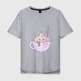 Мужская футболка хлопок Oversize с принтом Kawaii с милым котенком в кружке в Екатеринбурге, 100% хлопок | свободный крой, круглый ворот, “спинка” длиннее передней части | 