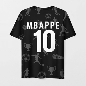 Мужская футболка 3D с принтом Килиан Мбаппе на фоне футбола в Петрозаводске, 100% полиэфир | прямой крой, круглый вырез горловины, длина до линии бедер | Тематика изображения на принте: 