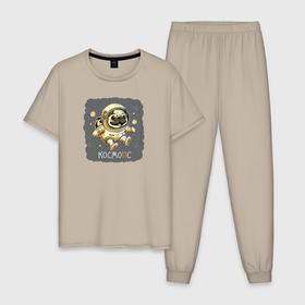 Мужская пижама хлопок с принтом Мопс в открытом космосе в Курске, 100% хлопок | брюки и футболка прямого кроя, без карманов, на брюках мягкая резинка на поясе и по низу штанин
 | 