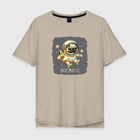 Мужская футболка хлопок Oversize с принтом Мопс в открытом космосе , 100% хлопок | свободный крой, круглый ворот, “спинка” длиннее передней части | Тематика изображения на принте: 