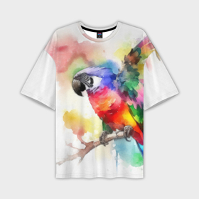 Мужская футболка oversize 3D с принтом Разноцветный акварельный попугай в Петрозаводске,  |  | 