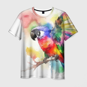 Мужская футболка 3D с принтом Разноцветный акварельный попугай в Петрозаводске, 100% полиэфир | прямой крой, круглый вырез горловины, длина до линии бедер | 