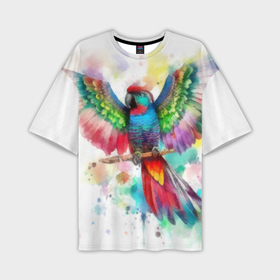 Мужская футболка oversize 3D с принтом Разноцветный акварельный попугай с расправленными крыльями в Петрозаводске,  |  | 