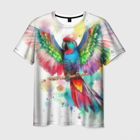 Мужская футболка 3D с принтом Разноцветный акварельный попугай с расправленными крыльями в Петрозаводске, 100% полиэфир | прямой крой, круглый вырез горловины, длина до линии бедер | 