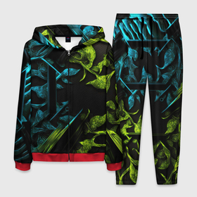 Мужской костюм 3D с принтом Зеленые и синие абстрактные листья в Петрозаводске, 100% полиэстер | Манжеты и пояс оформлены тканевой резинкой, двухслойный капюшон со шнурком для регулировки, карманы спереди | 