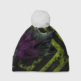 Шапка 3D c помпоном с принтом Фиолетовый цветок и зеленые абстрактные листья в Кировске, 100% полиэстер | универсальный размер, печать по всей поверхности изделия | 