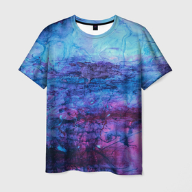 Мужская футболка 3D с принтом Сине фиолетовые волны красок в Белгороде, 100% полиэфир | прямой крой, круглый вырез горловины, длина до линии бедер | Тематика изображения на принте: 