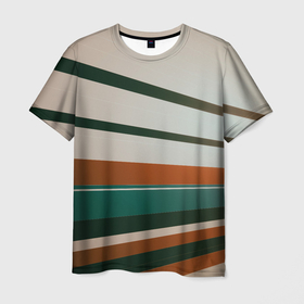Мужская футболка 3D с принтом Абстрактные зелёные и оранжевые линии в Белгороде, 100% полиэфир | прямой крой, круглый вырез горловины, длина до линии бедер | Тематика изображения на принте: 