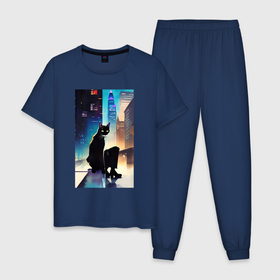 Мужская пижама хлопок с принтом Уличный котяра   Нью Йорк , 100% хлопок | брюки и футболка прямого кроя, без карманов, на брюках мягкая резинка на поясе и по низу штанин
 | Тематика изображения на принте: 