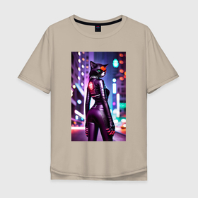 Мужская футболка хлопок Oversize с принтом Девушка кошка в ночном городе   киберпанк в Курске, 100% хлопок | свободный крой, круглый ворот, “спинка” длиннее передней части | Тематика изображения на принте: 