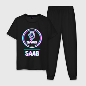 Мужская пижама хлопок с принтом Значок Saab в стиле glitch в Кировске, 100% хлопок | брюки и футболка прямого кроя, без карманов, на брюках мягкая резинка на поясе и по низу штанин
 | 