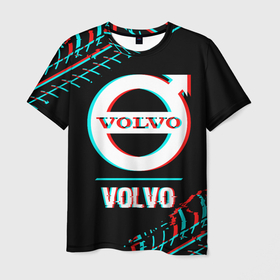 Мужская футболка 3D с принтом Значок Volvo в стиле glitch на темном фоне , 100% полиэфир | прямой крой, круглый вырез горловины, длина до линии бедер | Тематика изображения на принте: 