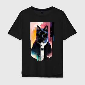 Мужская футболка хлопок Oversize с принтом Чёрный кот   киберпанк в Санкт-Петербурге, 100% хлопок | свободный крой, круглый ворот, “спинка” длиннее передней части | 