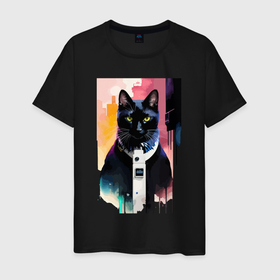 Мужская футболка хлопок с принтом Чёрный кот   киберпанк в Екатеринбурге, 100% хлопок | прямой крой, круглый вырез горловины, длина до линии бедер, слегка спущенное плечо. | 