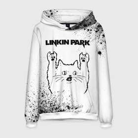 Мужская толстовка 3D с принтом Linkin Park рок кот на светлом фоне в Курске, 100% полиэстер | двухслойный капюшон со шнурком для регулировки, мягкие манжеты на рукавах и по низу толстовки, спереди карман-кенгуру с мягким внутренним слоем. | Тематика изображения на принте: 