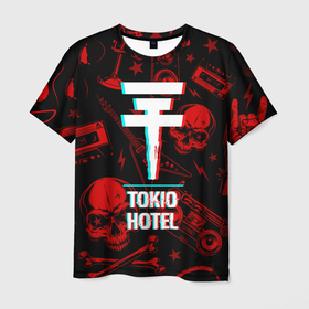 Мужская футболка 3D с принтом Tokio Hotel rock glitch в Ухте, 100% полиэфир | прямой крой, круглый вырез горловины, длина до линии бедер | 