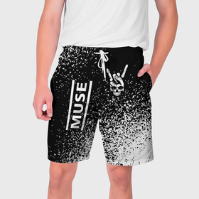 Мужские шорты 3D с принтом Muse и рок символ на темном фоне ,  полиэстер 100% | прямой крой, два кармана без застежек по бокам. Мягкая трикотажная резинка на поясе, внутри которой широкие завязки. Длина чуть выше колен | 