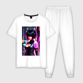 Мужская пижама хлопок с принтом Cat girl   neural network , 100% хлопок | брюки и футболка прямого кроя, без карманов, на брюках мягкая резинка на поясе и по низу штанин
 | 