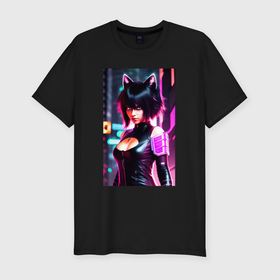 Мужская футболка хлопок Slim с принтом Cat girl   neural network , 92% хлопок, 8% лайкра | приталенный силуэт, круглый вырез ворота, длина до линии бедра, короткий рукав | Тематика изображения на принте: 