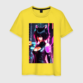 Мужская футболка хлопок с принтом Cat girl   neural network , 100% хлопок | прямой крой, круглый вырез горловины, длина до линии бедер, слегка спущенное плечо. | Тематика изображения на принте: 