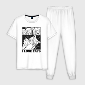 Мужская пижама хлопок с принтом I love cats comic в Белгороде, 100% хлопок | брюки и футболка прямого кроя, без карманов, на брюках мягкая резинка на поясе и по низу штанин
 | 