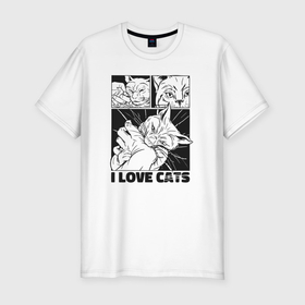 Мужская футболка хлопок Slim с принтом I love cats comic в Белгороде, 92% хлопок, 8% лайкра | приталенный силуэт, круглый вырез ворота, длина до линии бедра, короткий рукав | Тематика изображения на принте: 