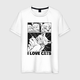 Мужская футболка хлопок с принтом I love cats comic в Курске, 100% хлопок | прямой крой, круглый вырез горловины, длина до линии бедер, слегка спущенное плечо. | 