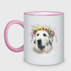 Кружка двухцветная с принтом Весна: пиренейская горная собака в Рязани, керамика | объем — 330 мл, диаметр — 80 мм. Цветная ручка и кайма сверху, в некоторых цветах — вся внутренняя часть | 