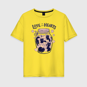 Женская футболка хлопок Oversize с принтом Love in our hearts kittens в Курске, 100% хлопок | свободный крой, круглый ворот, спущенный рукав, длина до линии бедер
 | 