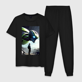 Мужская пижама хлопок с принтом The Alien and the wanderer   neural network , 100% хлопок | брюки и футболка прямого кроя, без карманов, на брюках мягкая резинка на поясе и по низу штанин
 | 
