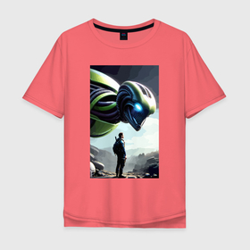 Мужская футболка хлопок Oversize с принтом The Alien and the wanderer   neural network , 100% хлопок | свободный крой, круглый ворот, “спинка” длиннее передней части | 