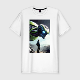 Мужская футболка хлопок Slim с принтом The Alien and the wanderer   neural network , 92% хлопок, 8% лайкра | приталенный силуэт, круглый вырез ворота, длина до линии бедра, короткий рукав | 
