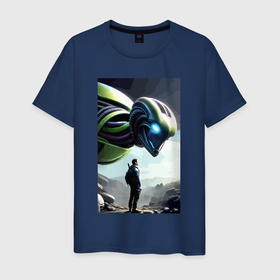 Мужская футболка хлопок с принтом The Alien and the wanderer   neural network в Курске, 100% хлопок | прямой крой, круглый вырез горловины, длина до линии бедер, слегка спущенное плечо. | 