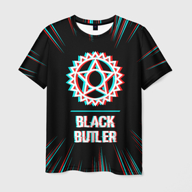 Мужская футболка 3D с принтом Символ Black Butler в стиле glitch на темном фоне в Новосибирске, 100% полиэфир | прямой крой, круглый вырез горловины, длина до линии бедер | 