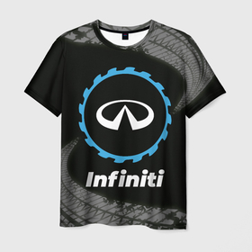 Мужская футболка 3D с принтом Infiniti в стиле Top Gear со следами шин на фоне в Екатеринбурге, 100% полиэфир | прямой крой, круглый вырез горловины, длина до линии бедер | 