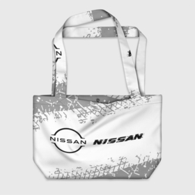 Пляжная сумка 3D с принтом Nissan speed на светлом фоне со следами шин: надпись и символ в Петрозаводске, 100% полиэстер | застегивается на металлическую кнопку; внутренний карман застегивается на молнию. Стенки укреплены специальным мягким материалом, чтобы защитить содержимое от несильных ударов
 | 