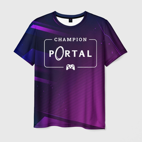 Мужская футболка 3D с принтом Portal gaming champion: рамка с лого и джойстиком на неоновом фоне в Курске, 100% полиэфир | прямой крой, круглый вырез горловины, длина до линии бедер | 