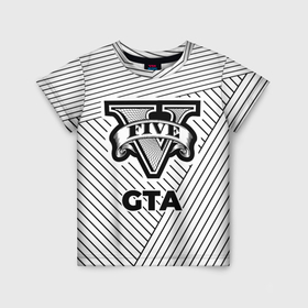 Детская футболка 3D с принтом Символ GTA на светлом фоне с полосами в Петрозаводске, 100% гипоаллергенный полиэфир | прямой крой, круглый вырез горловины, длина до линии бедер, чуть спущенное плечо, ткань немного тянется | 