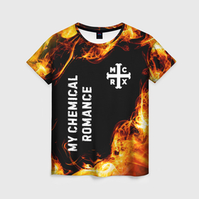 Женская футболка 3D с принтом My Chemical Romance и пылающий огонь в Тюмени, 100% полиэфир ( синтетическое хлопкоподобное полотно) | прямой крой, круглый вырез горловины, длина до линии бедер | 