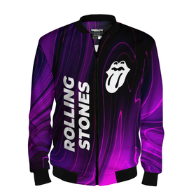 Мужской бомбер 3D с принтом Rolling Stones violet plasma в Кировске, 100% полиэстер | застегивается на молнию, по бокам два кармана без застежек, по низу бомбера и на воротнике - эластичная резинка | 
