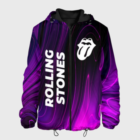 Мужская куртка 3D с принтом Rolling Stones violet plasma в Кировске, ткань верха — 100% полиэстер, подклад — флис | прямой крой, подол и капюшон оформлены резинкой с фиксаторами, два кармана без застежек по бокам, один большой потайной карман на груди. Карман на груди застегивается на липучку | 