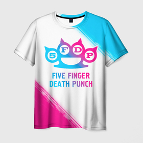 Мужская футболка 3D с принтом Five Finger Death Punch neon gradient style в Курске, 100% полиэфир | прямой крой, круглый вырез горловины, длина до линии бедер | Тематика изображения на принте: 