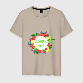 Мужская футболка хлопок с принтом Летние фрукты и цветы   время лета в Новосибирске, 100% хлопок | прямой крой, круглый вырез горловины, длина до линии бедер, слегка спущенное плечо. | 