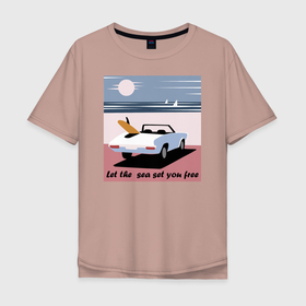 Мужская футболка хлопок Oversize с принтом машина на пляже в Петрозаводске, 100% хлопок | свободный крой, круглый ворот, “спинка” длиннее передней части | 