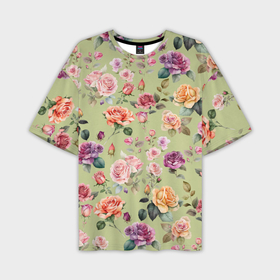 Мужская футболка oversize 3D с принтом Акварельные цветы   паттерн зеленый в Петрозаводске,  |  | 