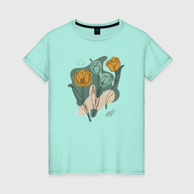 Женская футболка хлопок с принтом Композиция из цветов , 100% хлопок | прямой крой, круглый вырез горловины, длина до линии бедер, слегка спущенное плечо | 